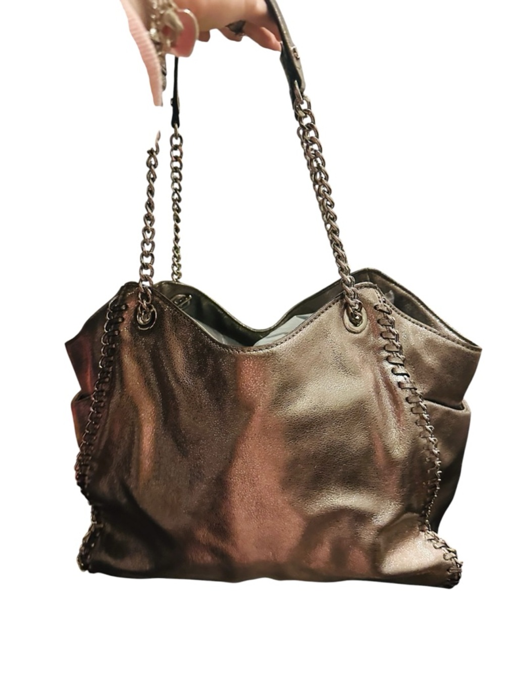 Michael Kors Metallic Silver Leather Shoulder Tote with Tassel - Picture 11 of 17